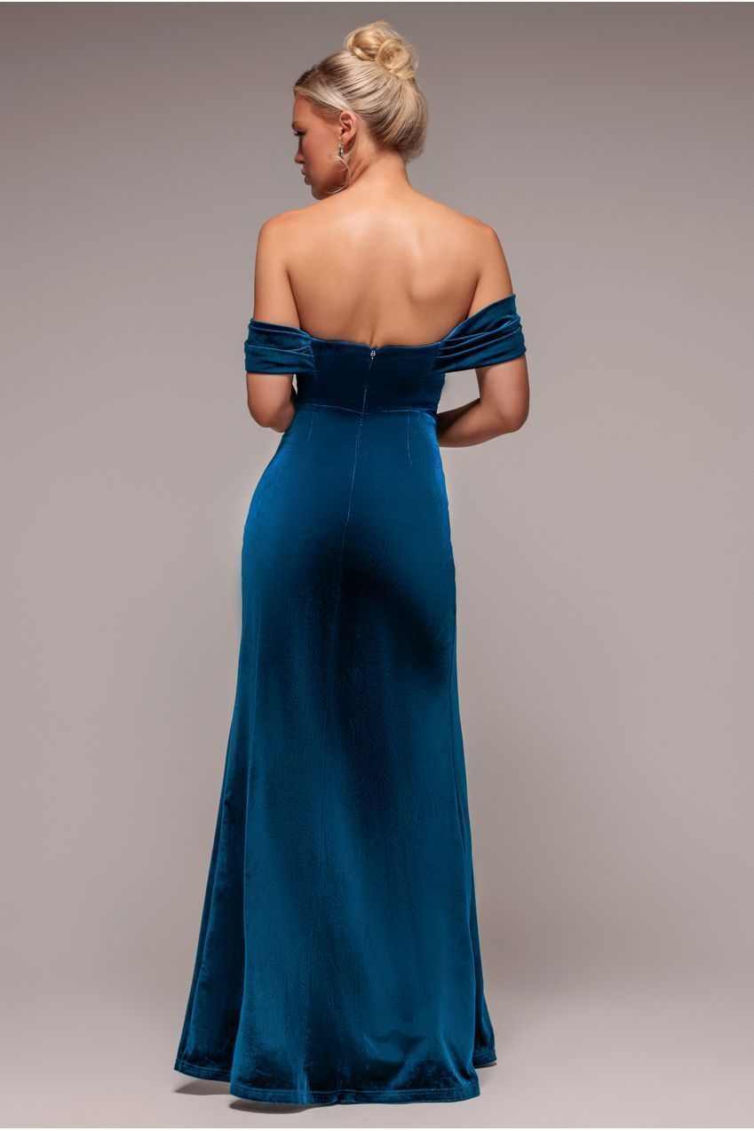Goddiva Off The Shoulder Front Split Velvet Maxi Dress - Teal