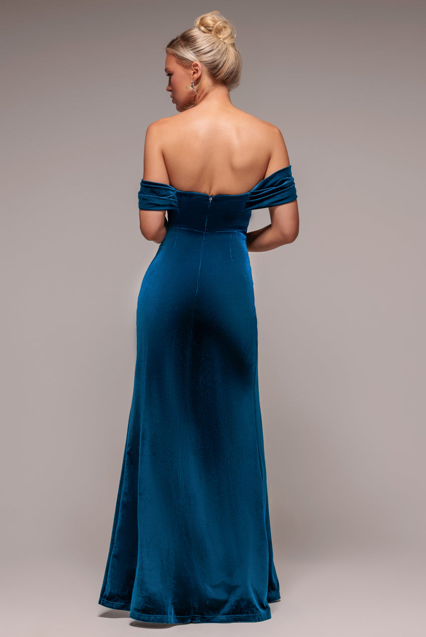 Goddiva Off The Shoulder Front Split Velvet Maxi Dress - Teal