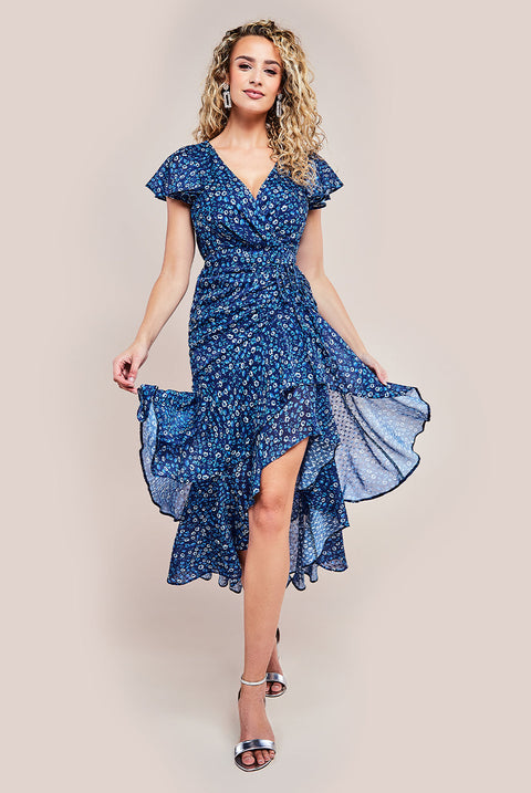 Goddiva Printed Wrap High And Low Midaxi Dress - Navy