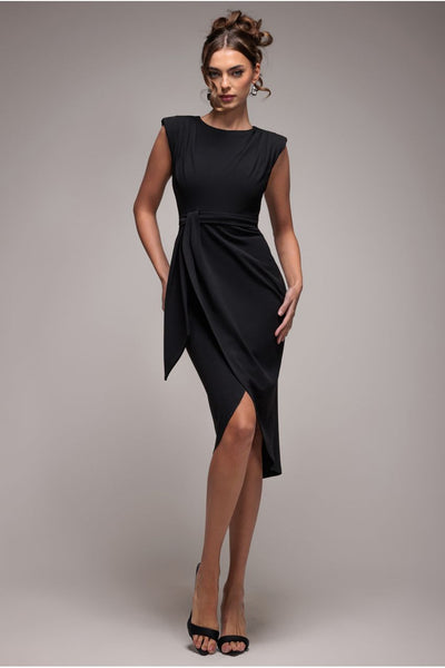Black - Goddiva Sleeveless Asymmetric Wrap Midi Dress - Black
