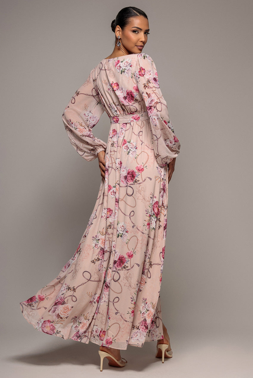 Goddiva Wrap Front Slit Floral Maxi Dress - Latte