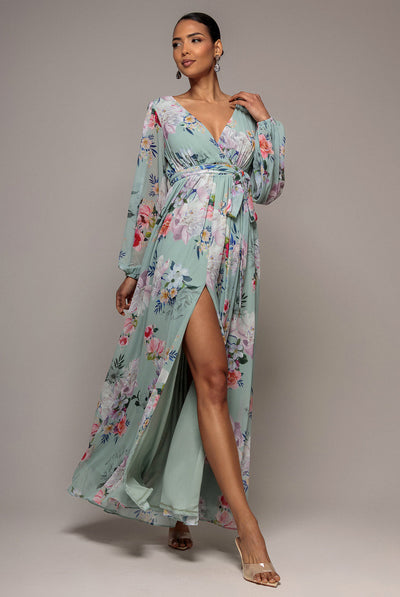 SageGreen - Goddiva Wrap Front Slit Floral Maxi Dress - Sage Green