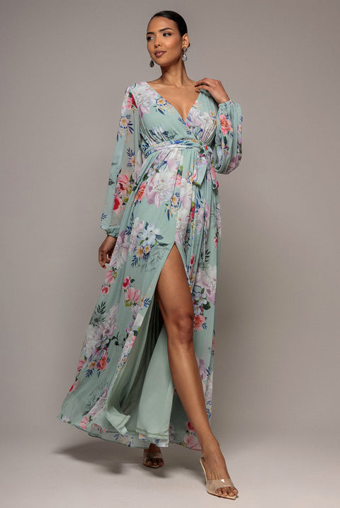 Goddiva Wrap Front Slit Floral Maxi Dress - Sage Green