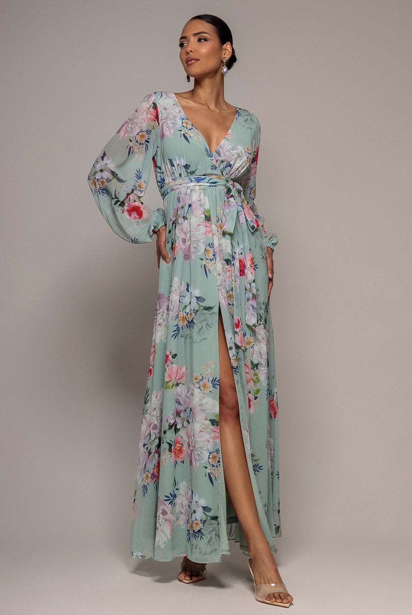 Goddiva Wrap Front Slit Floral Maxi Dress - Sage Green