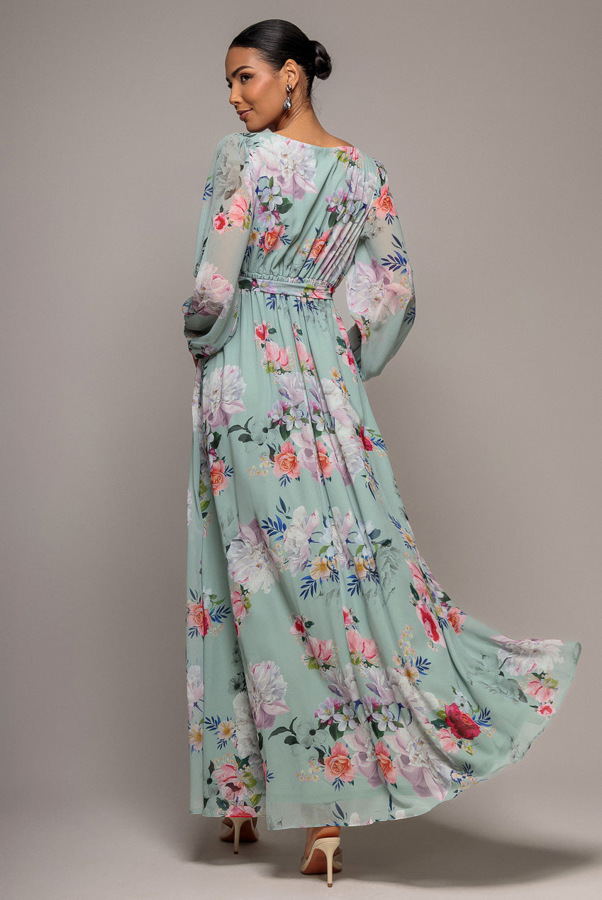 Goddiva Wrap Front Slit Floral Maxi Dress - Sage Green