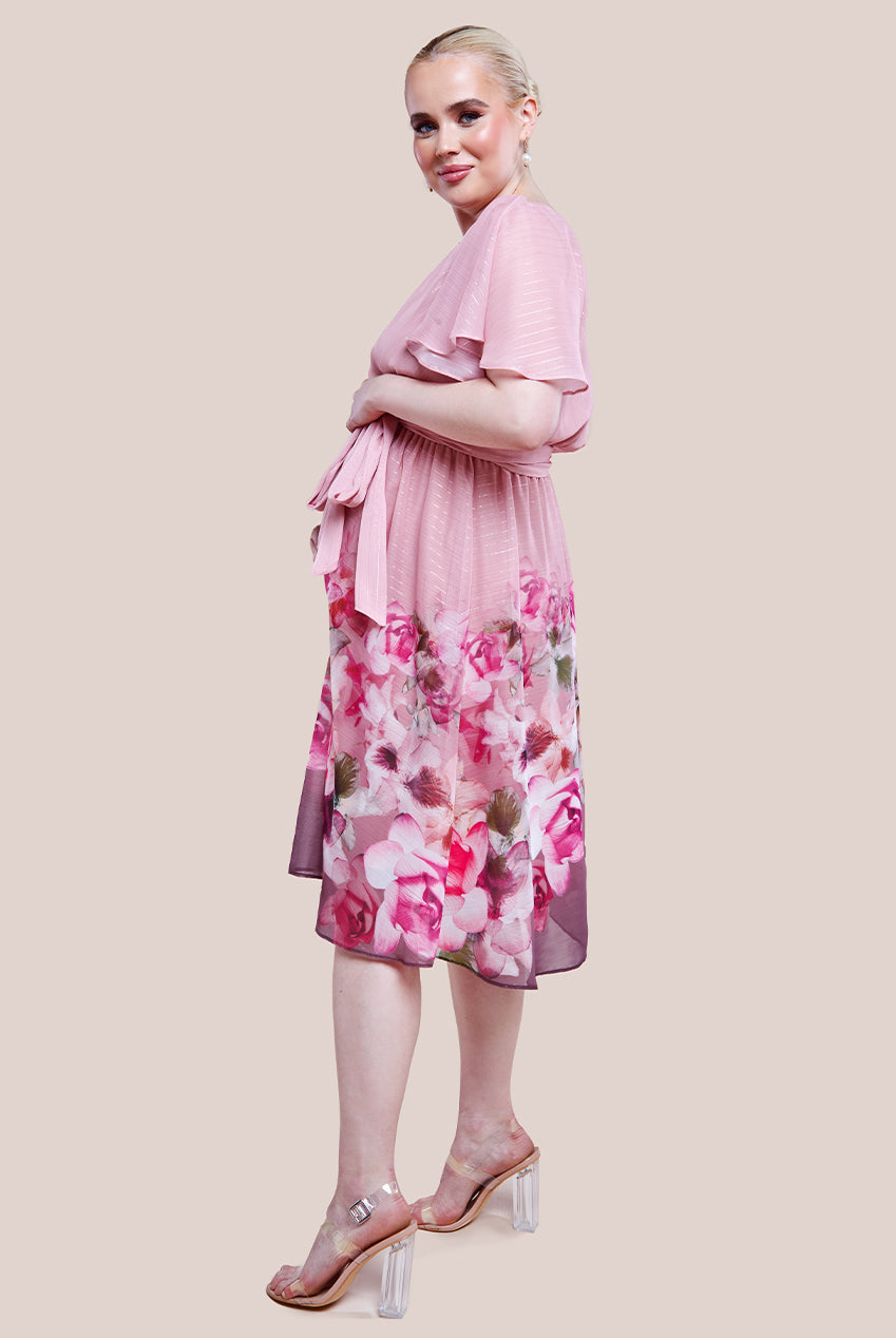 Goddiva Maternity Chiffon Lurex Floral Border Print Midi Dress - Blush