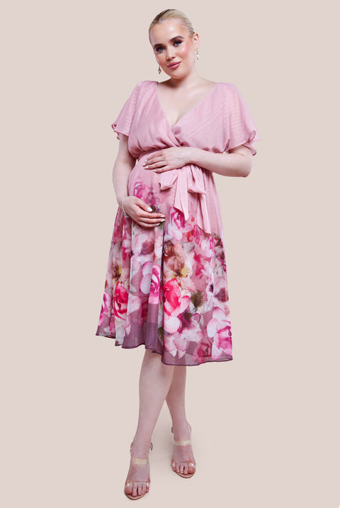 Goddiva Maternity Chiffon Lurex Floral Border Print Midi Dress - Blush