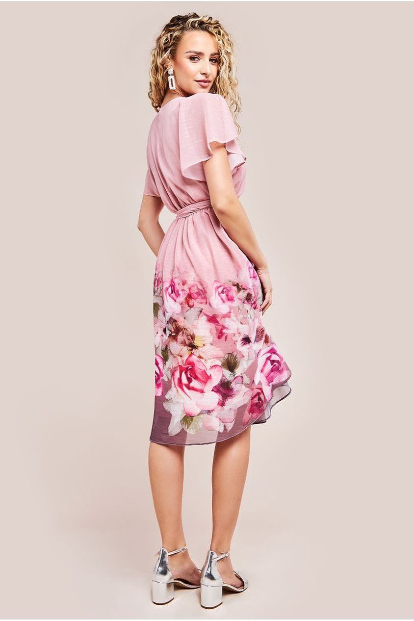 Goddiva Chiffon Lurex Floral Border Print Midi Dress - Blush