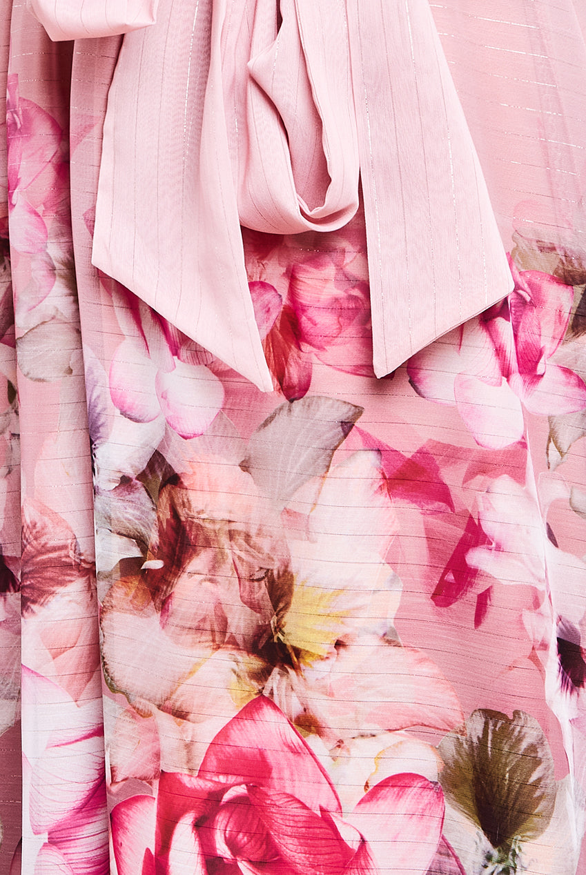 Goddiva Chiffon Lurex Floral Border Print Midi Dress - Blush