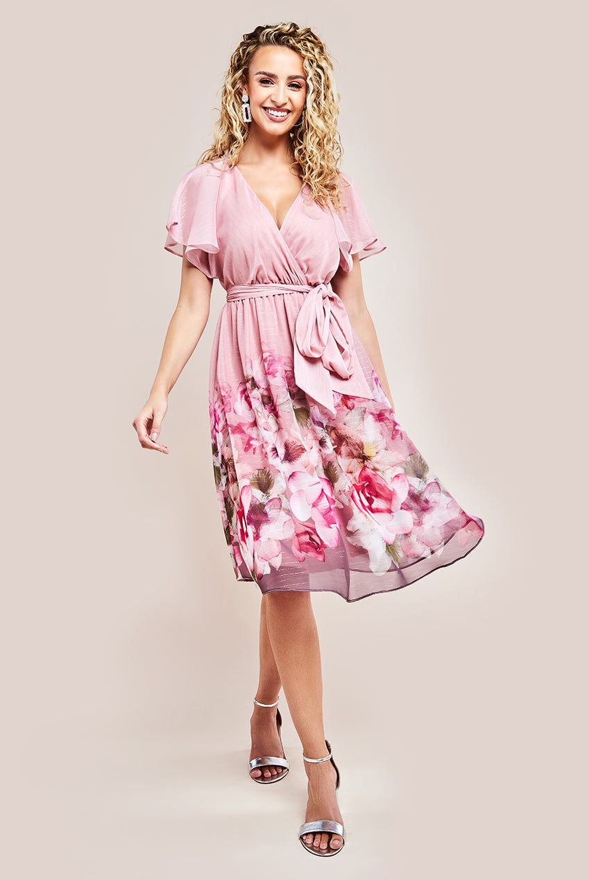 Goddiva Chiffon Lurex Floral Border Print Midi Dress - Blush