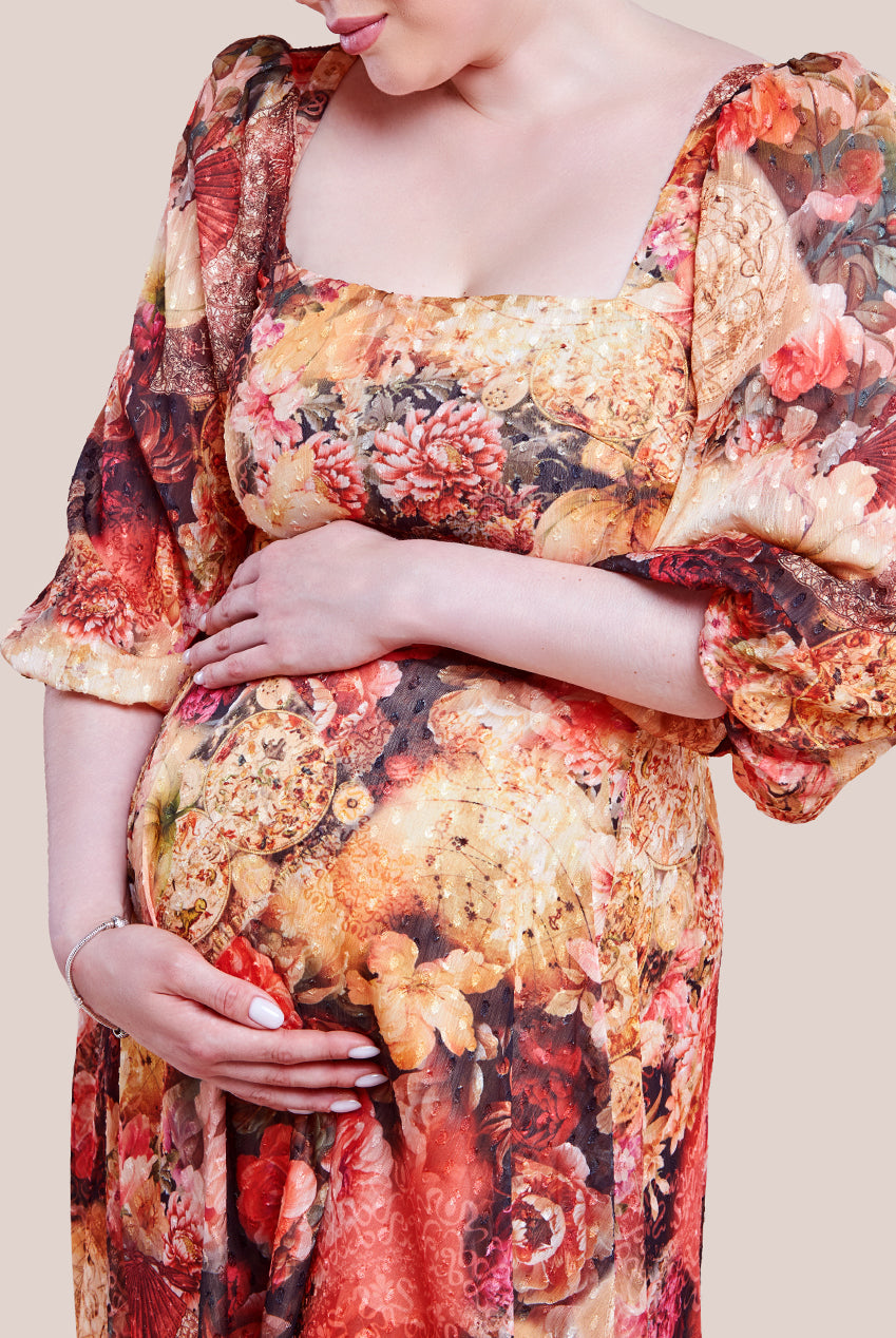 Goddiva Maternity Puff Sleeve Printed Shirred Back Midi Dress - Orange