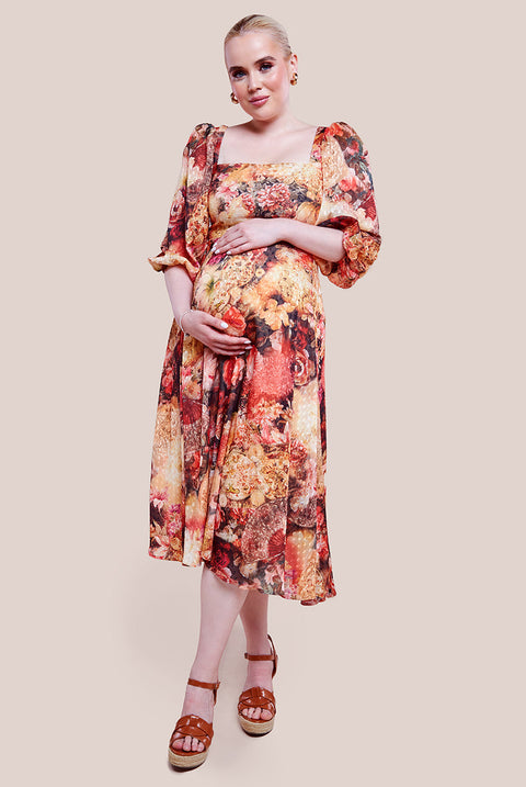 Goddiva Maternity Puff Sleeve Printed Shirred Back Midi Dress - Orange