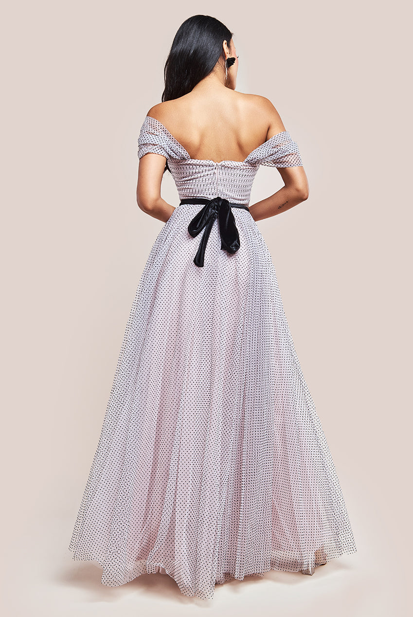 Goddiva Dobby Mesh Off The Shoulder Princess Maxi Dress - Blush