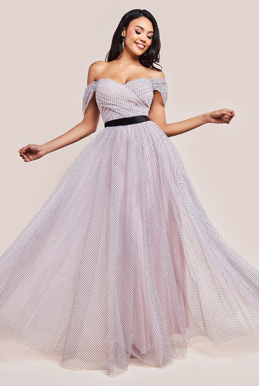 Goddiva Dobby Mesh Off The Shoulder Princess Maxi Dress - Blush