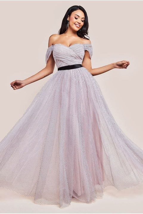 Goddiva Dobby Mesh Off The Shoulder Princess Maxi Dress - Blush