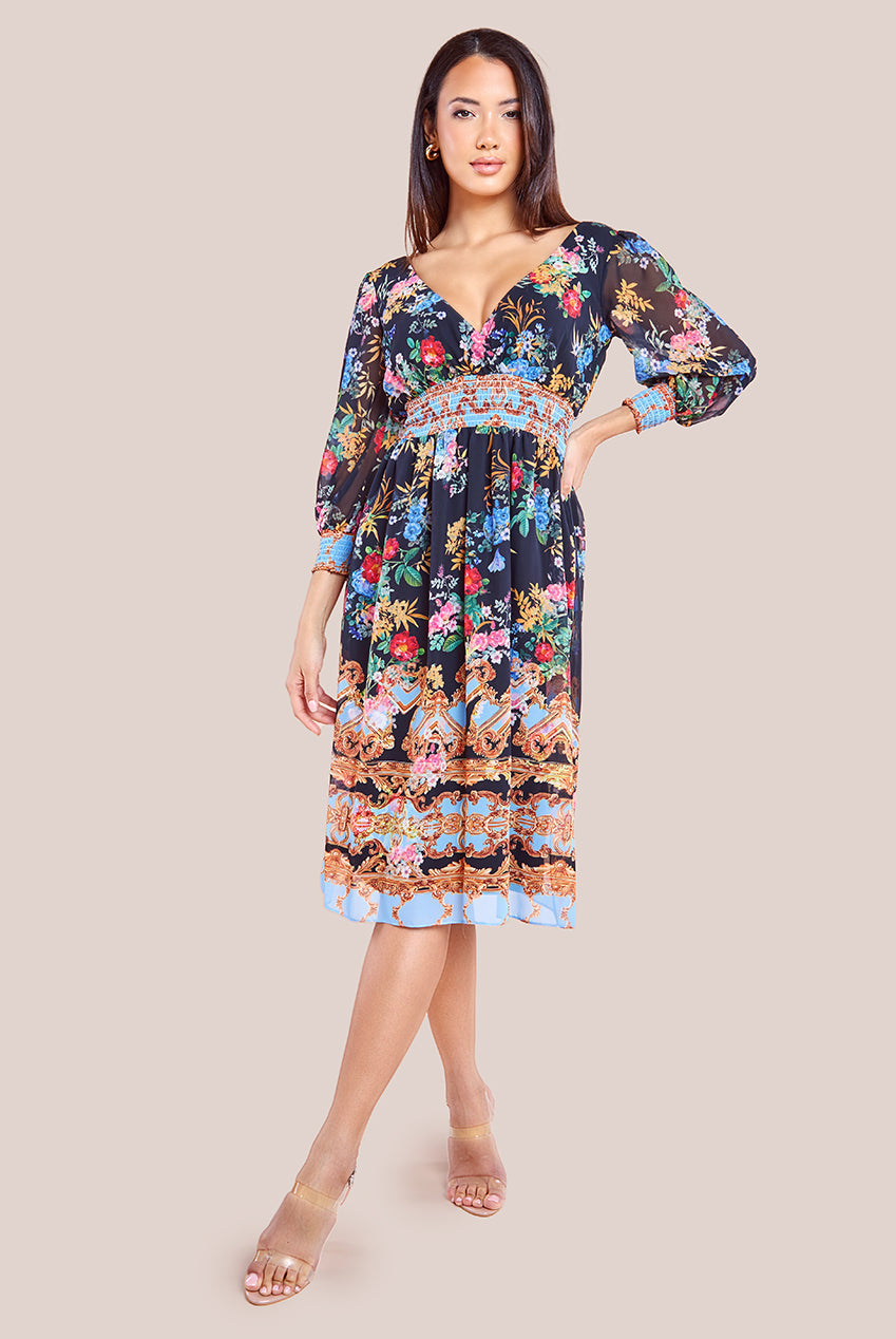 Goddiva Chiffon Wrap Border Floral Print Midi Dress - Black