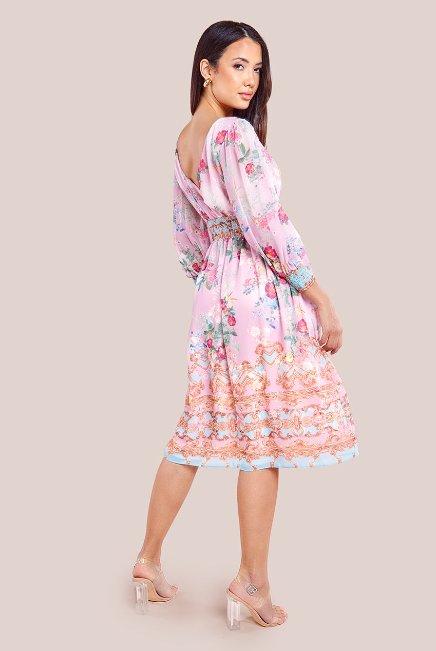 Goddiva Chiffon Wrap Border Floral Print Midi Dress - Pink