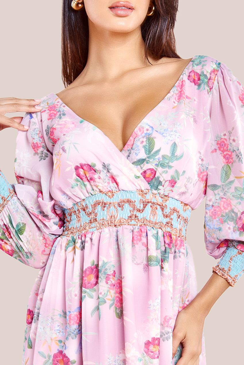 Goddiva Chiffon Wrap Border Floral Print Midi Dress - Pink