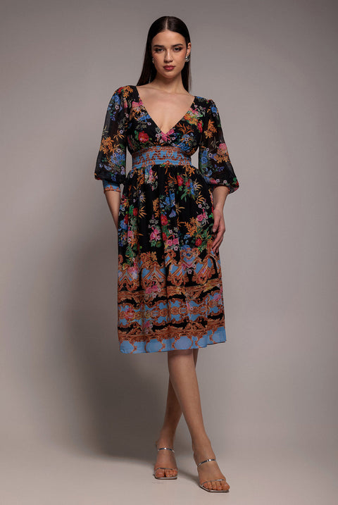Goddiva Chiffon Wrap Border Floral Print Midi Dress - Black