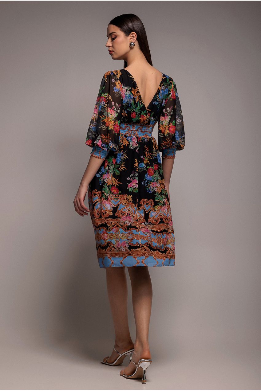 Goddiva Chiffon Wrap Border Floral Print Midi Dress - Black