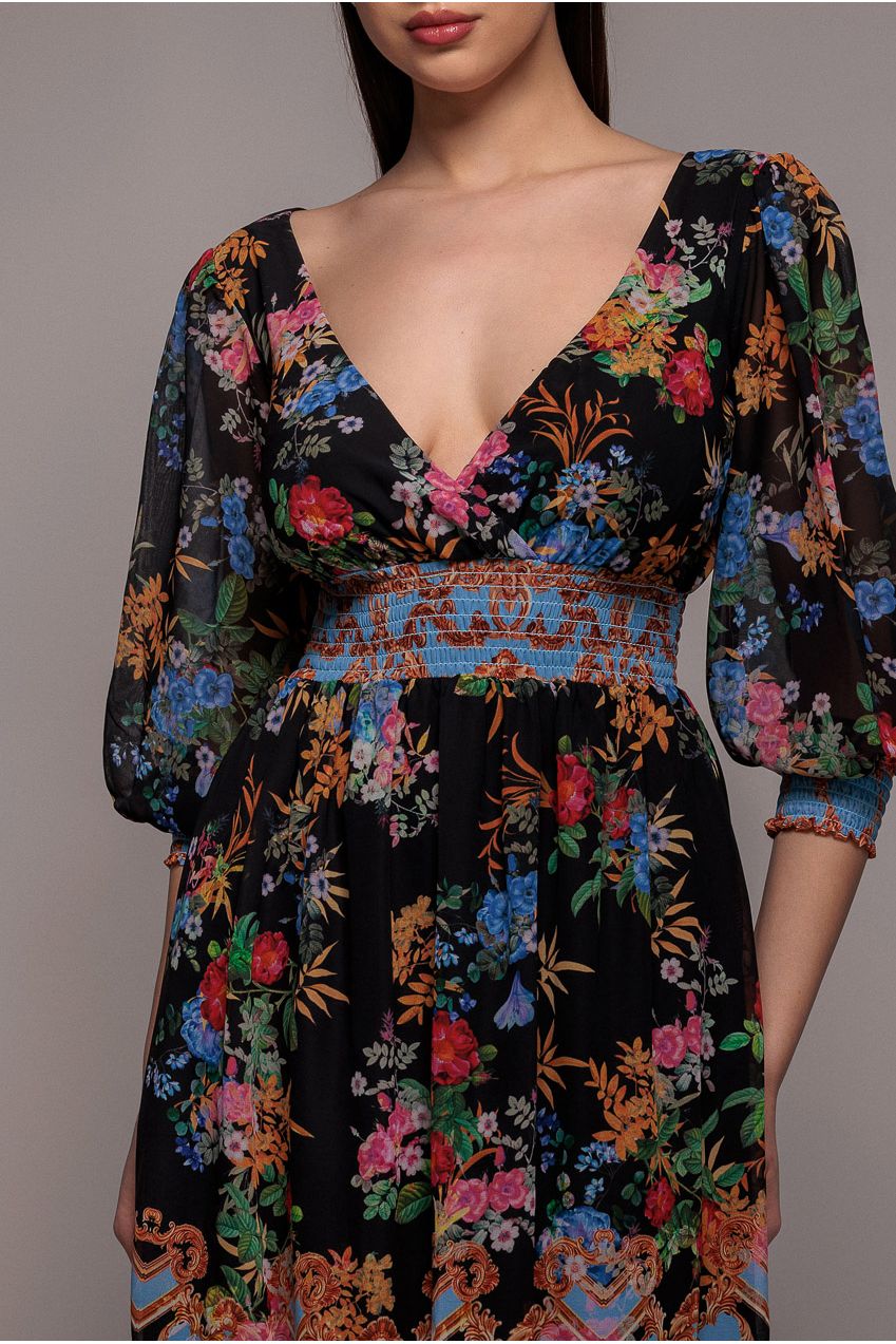 Goddiva Chiffon Wrap Border Floral Print Midi Dress - Black