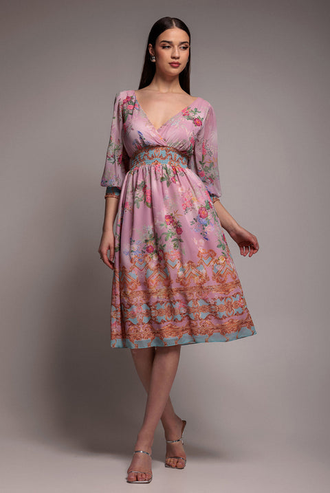 Goddiva Chiffon Wrap Border Floral Print Midi Dress - Pink