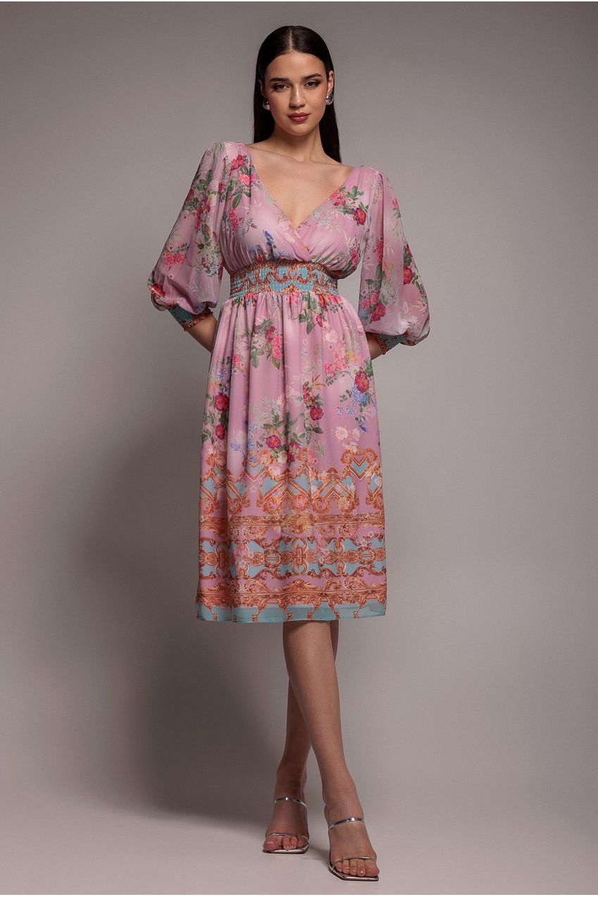 Goddiva Chiffon Wrap Border Floral Print Midi Dress - Pink