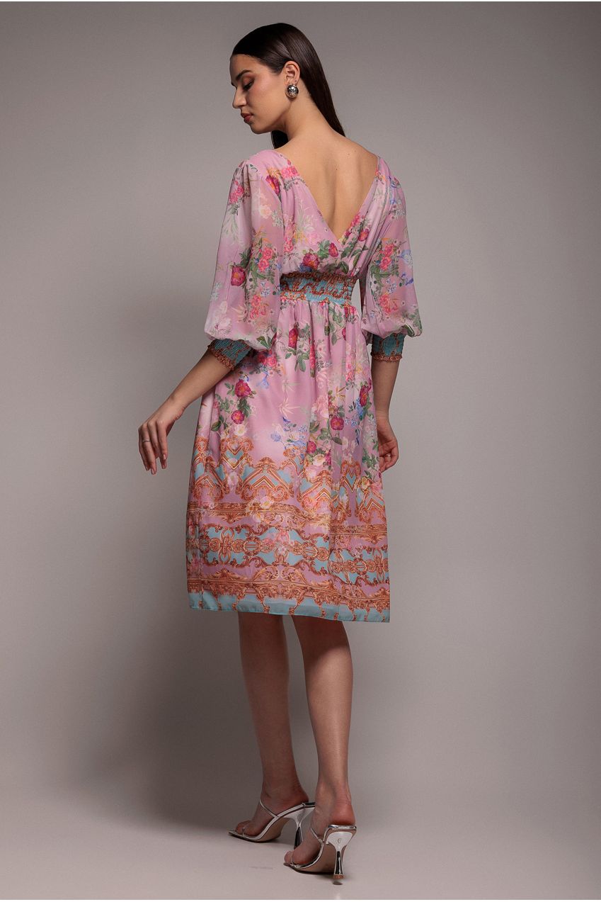 Goddiva Chiffon Wrap Border Floral Print Midi Dress - Pink