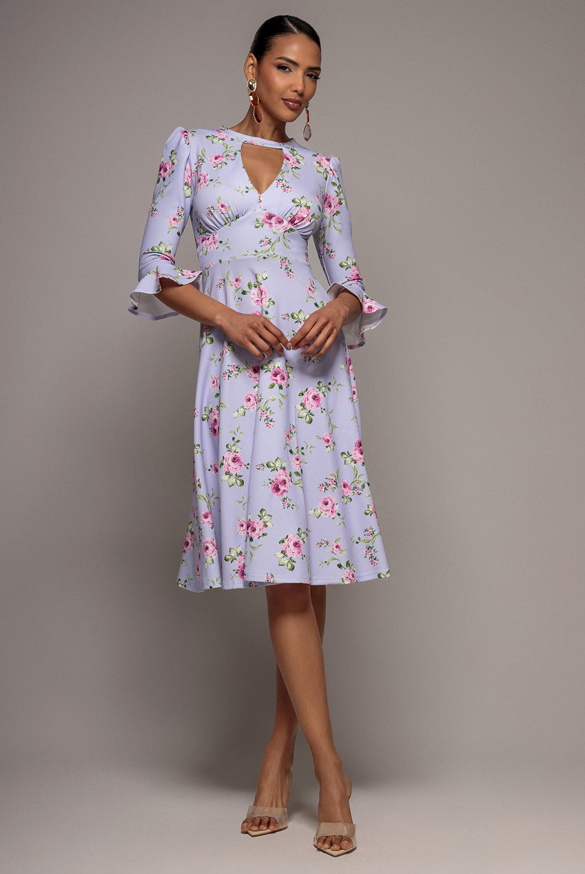 Goddiva Floral Printed Flared Sleeve Midi - Lilac