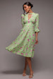 Goddiva Floral Printed Flared Sleeve Midi - Sage Green