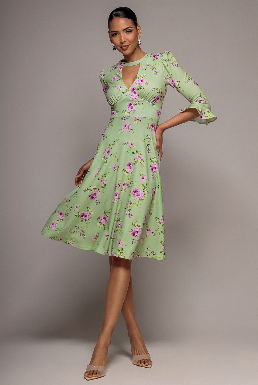 Goddiva Floral Printed Flared Sleeve Midi - Sage Green
