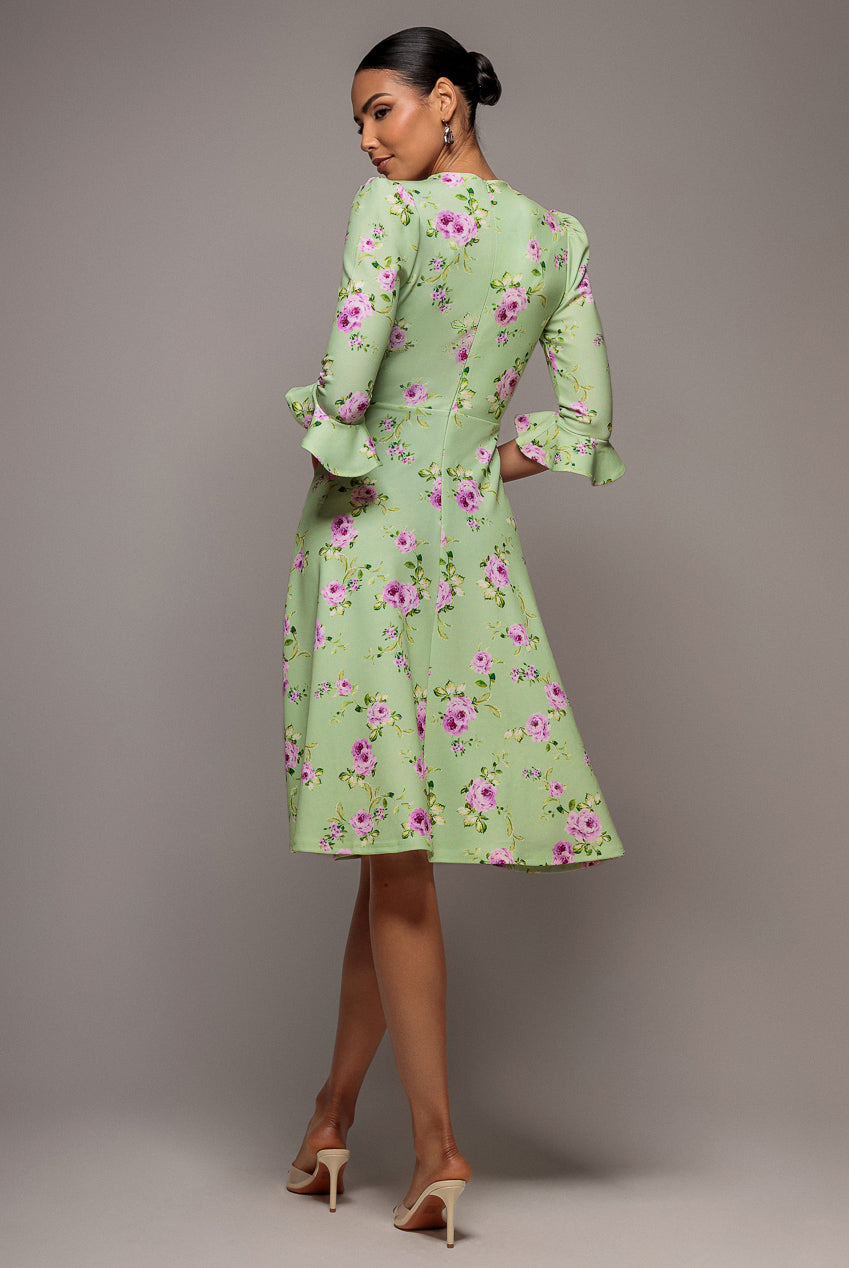 Goddiva Floral Printed Flared Sleeve Midi - Sage Green
