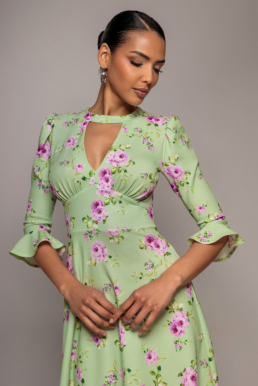 Goddiva Floral Printed Flared Sleeve Midi - Sage Green