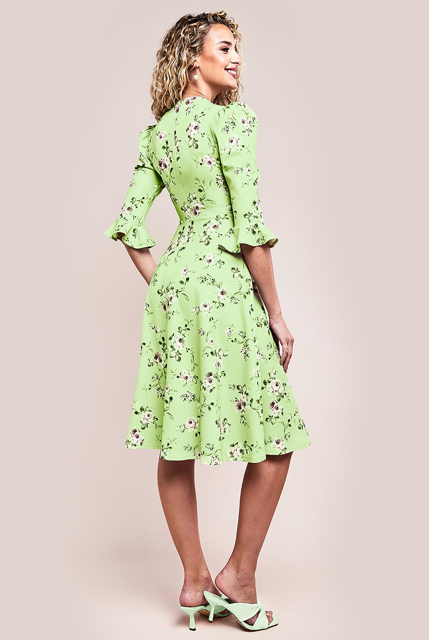 Goddiva Floral Printed Flared Sleeve Midi - Sage Green