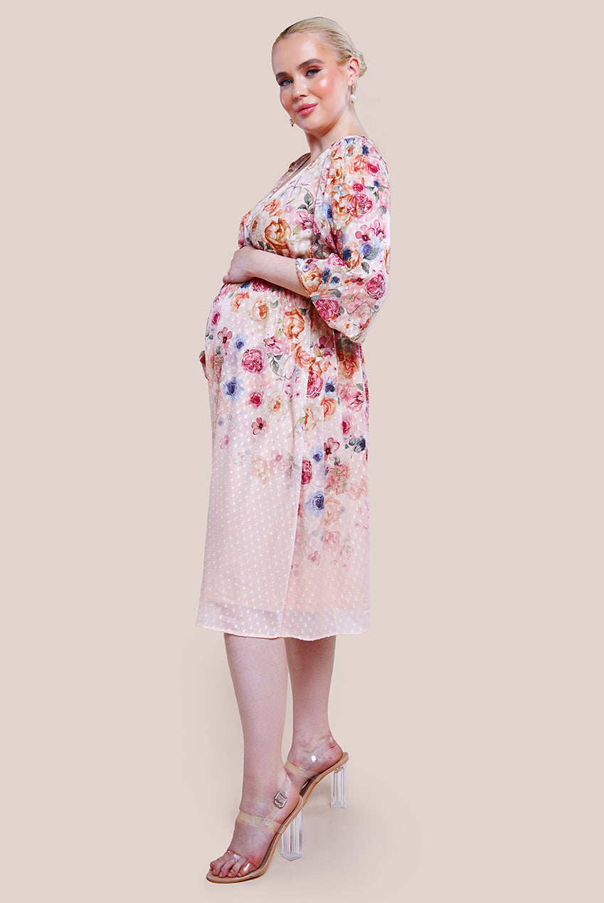 Goddiva Maternity Ombre Floral Printed Wrap Midi Dress - Ivory