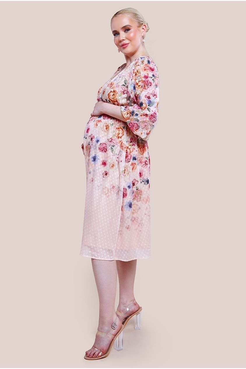 Goddiva Maternity Ombre Floral Printed Wrap Midi Dress - Ivory