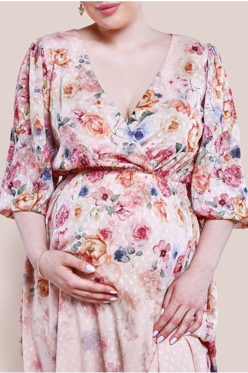 Goddiva Maternity Ombre Floral Printed Wrap Midi Dress - Ivory