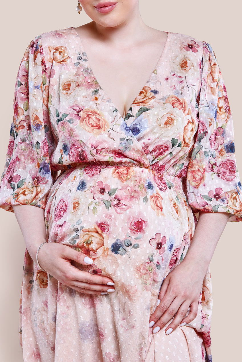 Goddiva Maternity Ombre Floral Printed Wrap Midi Dress - Ivory