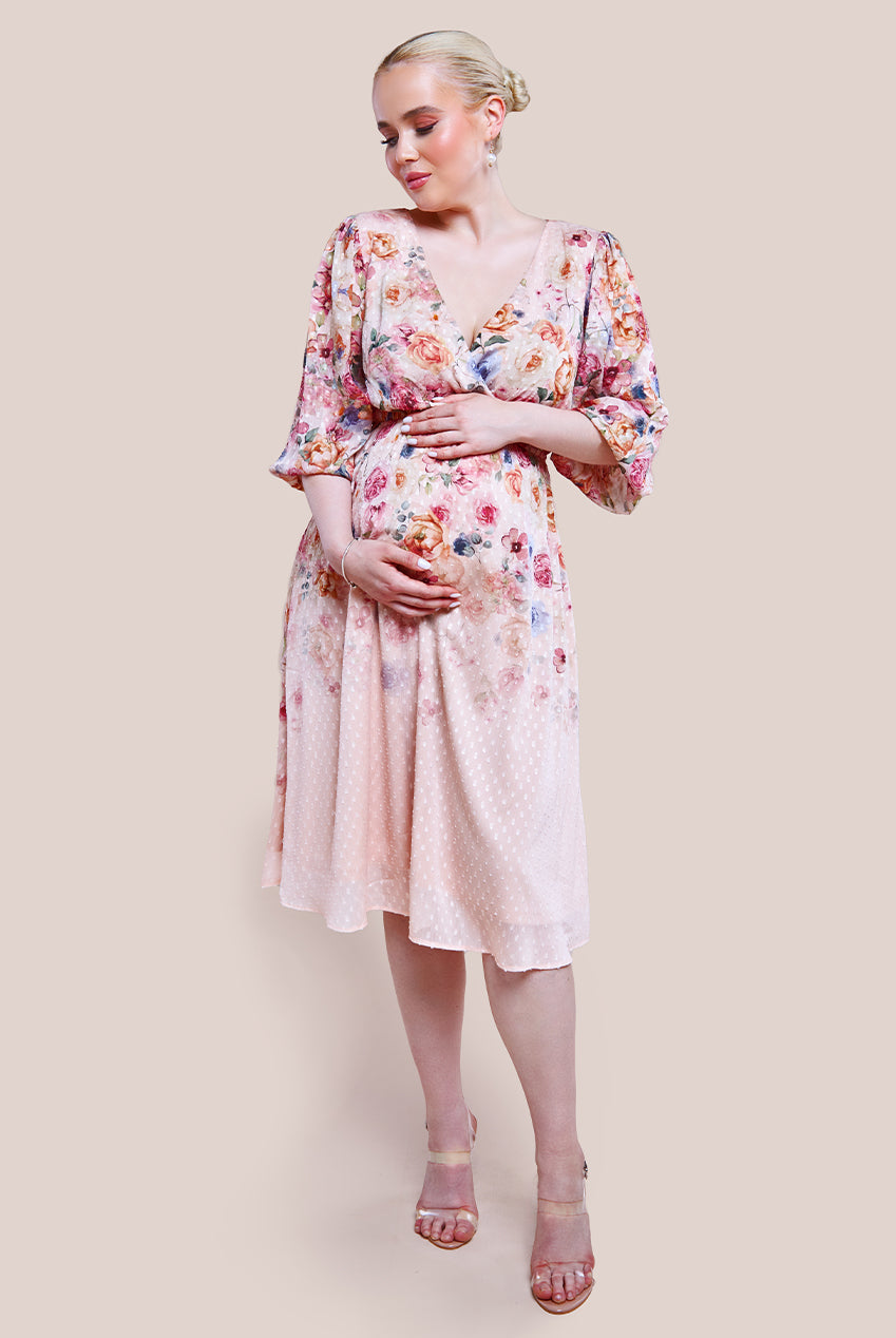 Goddiva Maternity Ombre Floral Printed Wrap Midi Dress - Ivory