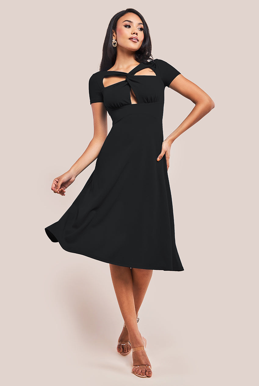 Goddiva Scuba Crepe Twist Cutout Midi Dress - Black