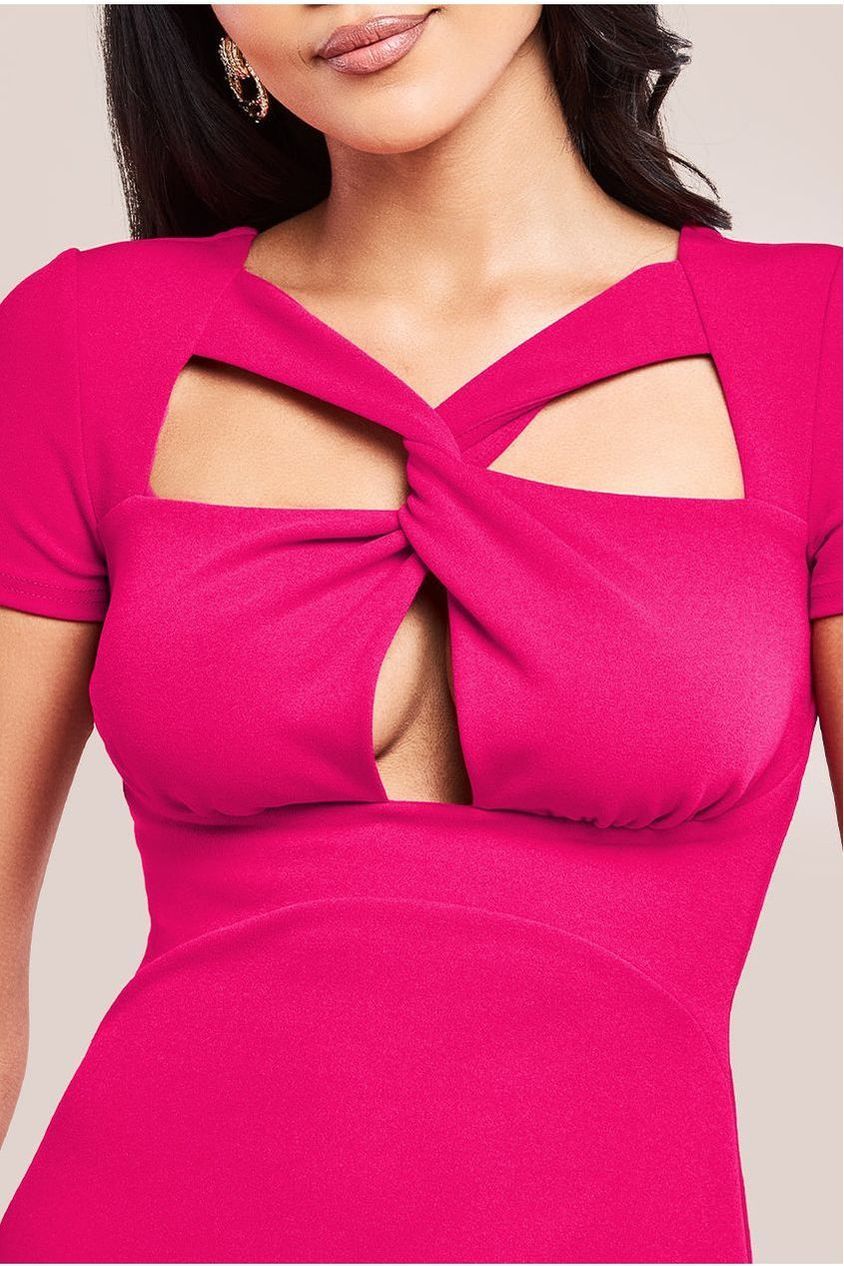 Goddiva Scuba Crepe Twist Cutout Midi Dress - Hot Pink