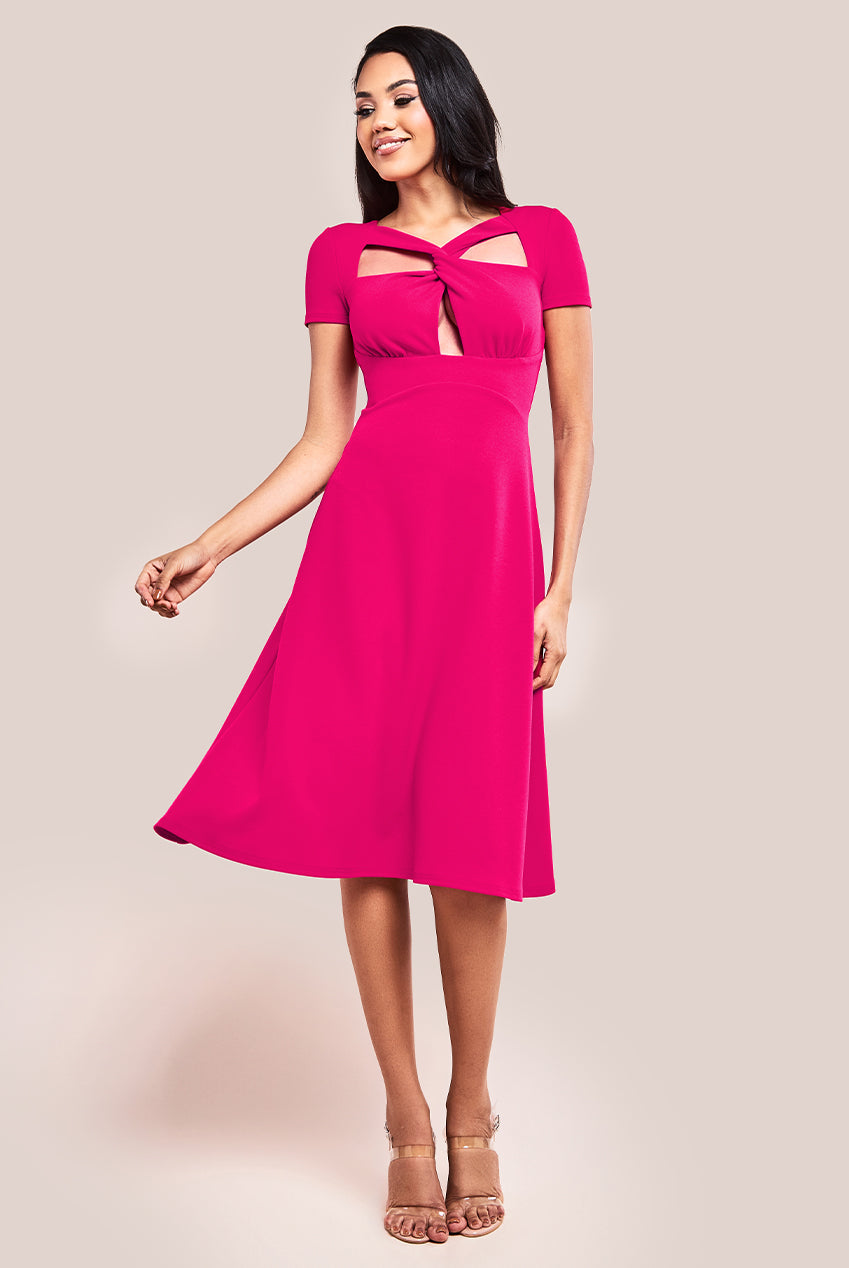 Goddiva Scuba Crepe Twist Cutout Midi Dress - Hot Pink