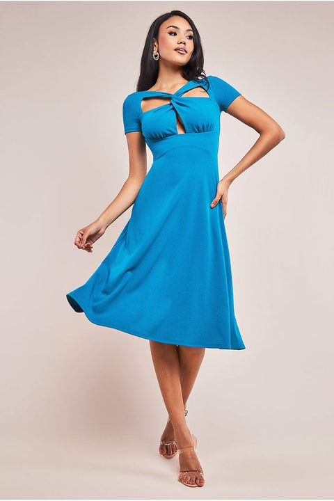 Goddiva Scuba Crepe Twist Cutout Midi Dress - Teal Blue