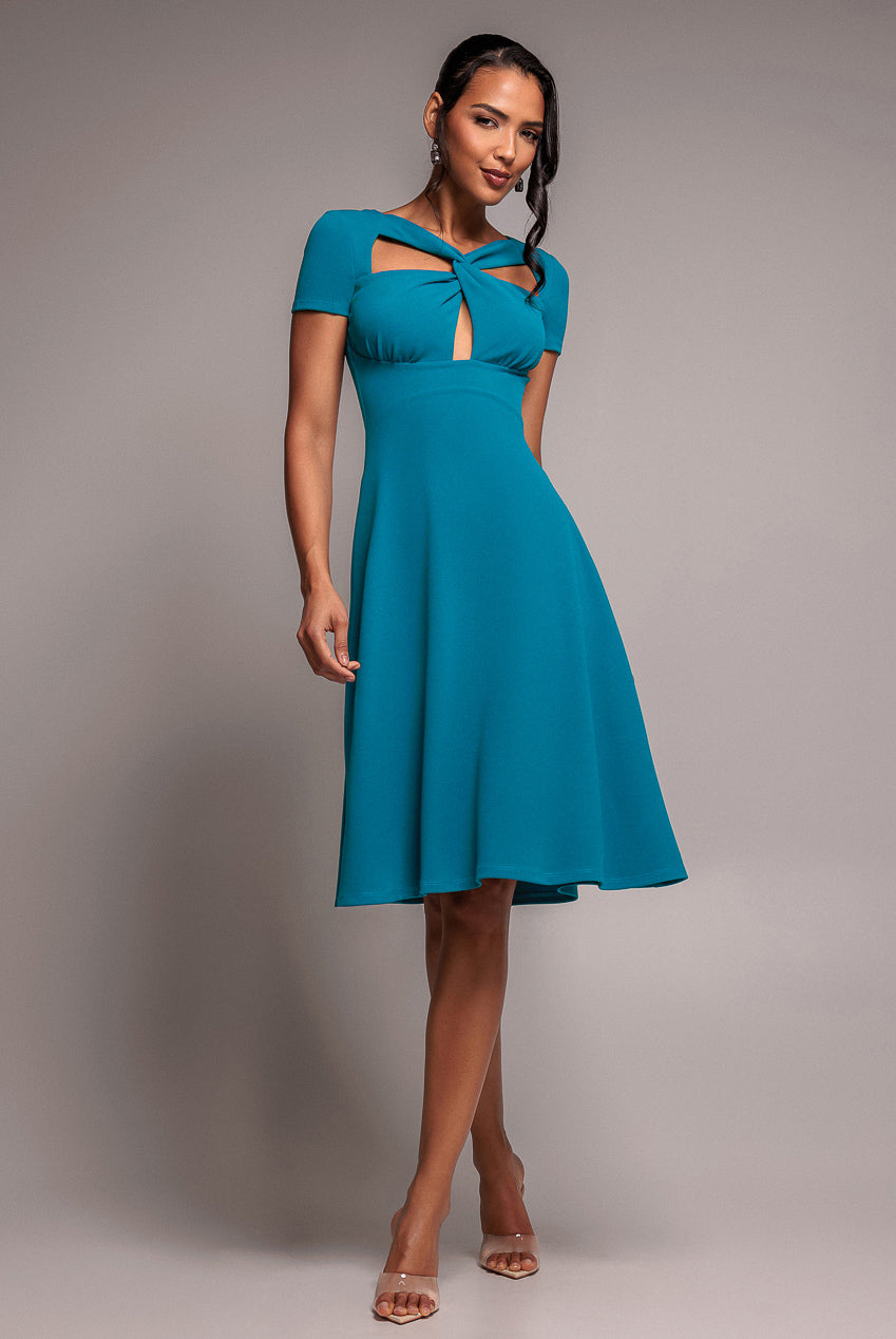 Goddiva Scuba Crepe Twist Cutout Midi Dress - Teal Blue
