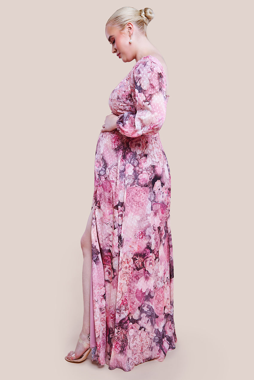 Goddiva Maternity Printed Shirred Back Maxi Dress - Blush