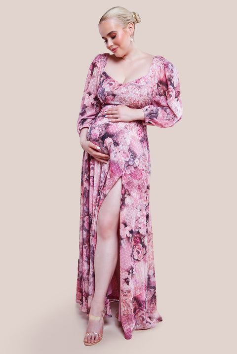 Goddiva Maternity Printed Shirred Back Maxi Dress - Blush