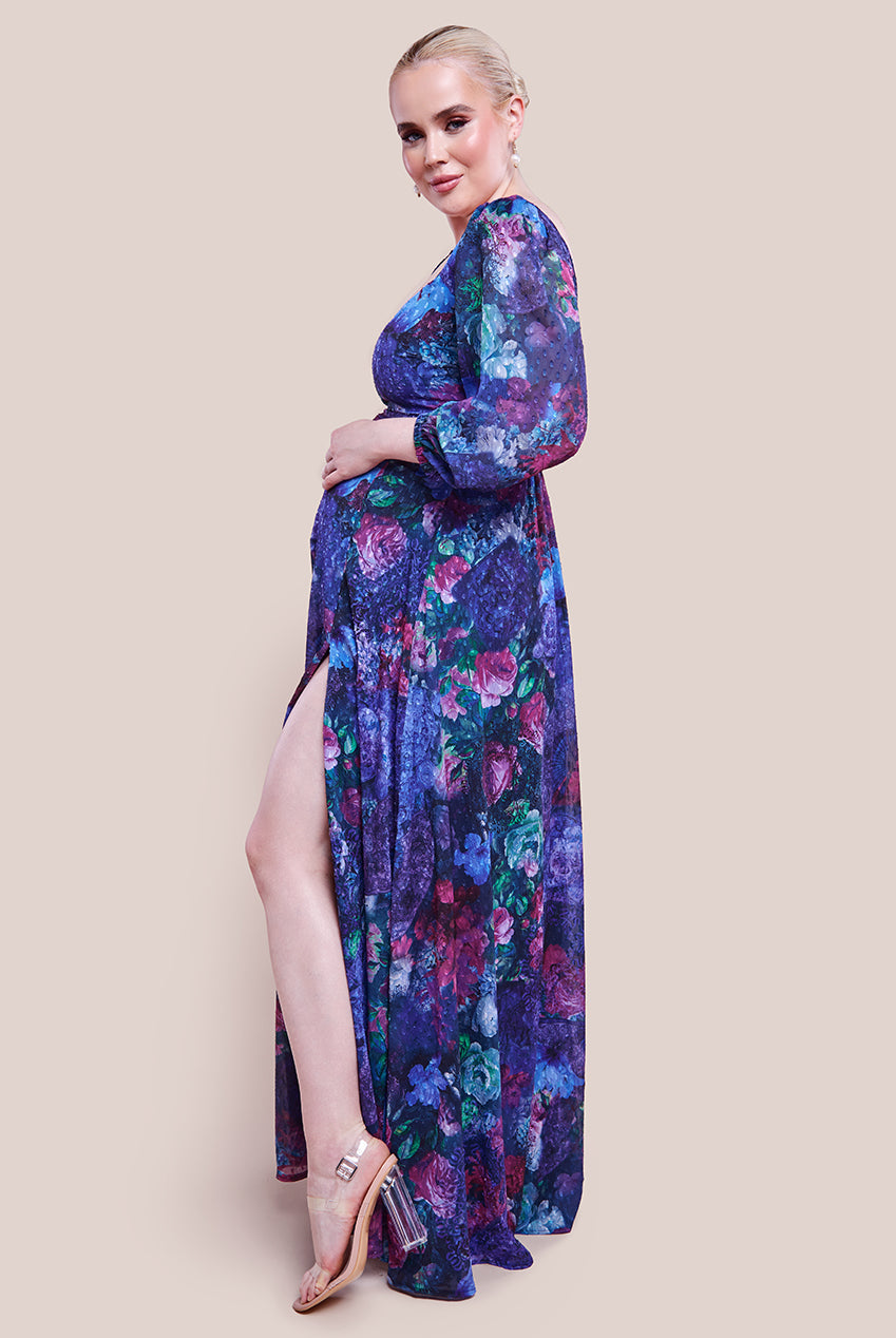 Goddiva Maternity Printed Shirred Back Maxi Dress - Navy