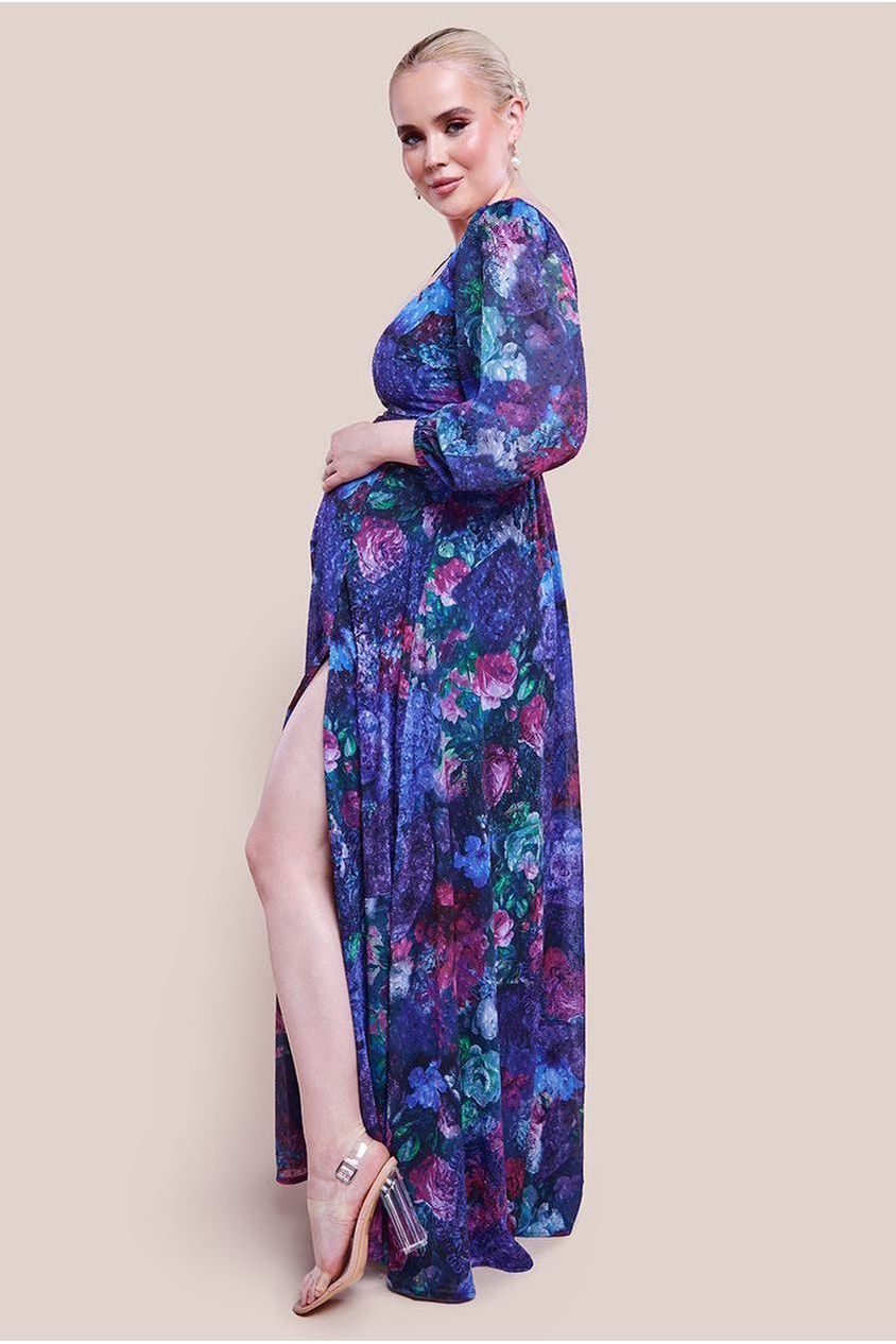 Goddiva Maternity Printed Shirred Back Maxi Dress - Navy