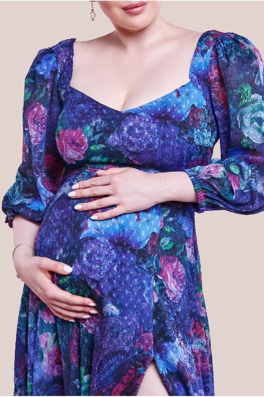 Goddiva Maternity Printed Shirred Back Maxi Dress - Navy