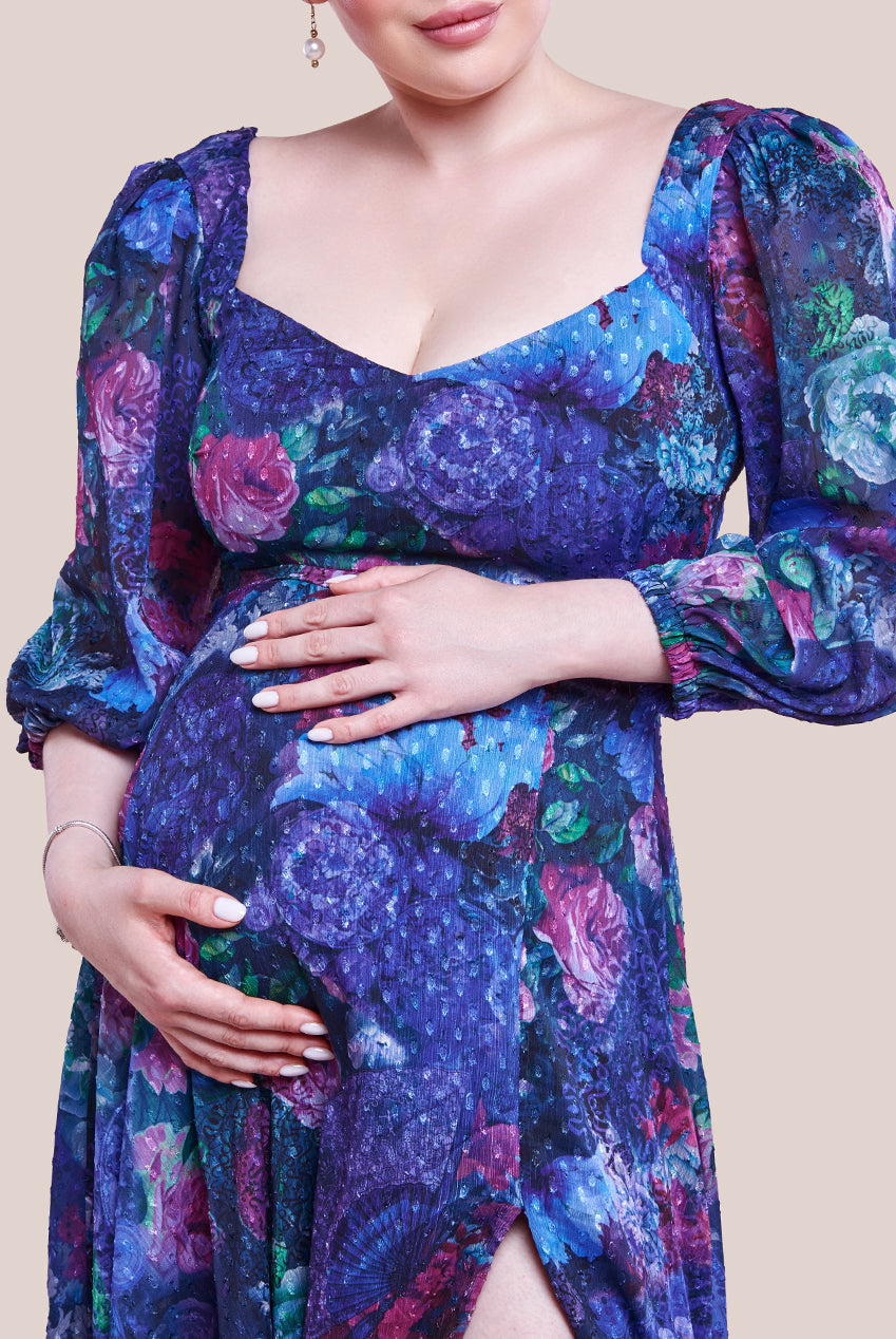 Goddiva Maternity Printed Shirred Back Maxi Dress - Navy